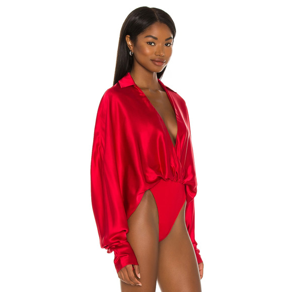 LaQuan Smith Silk Tuxedo Bodysuit Scarlet Size M - Picture 3 of 9